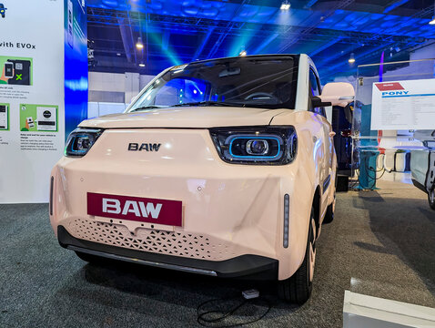 Manila, Philippines - Oct 21, 2023: A BAW Pony Electric Mini Car on display at an expo.