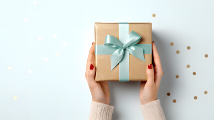 Woman’s hands holding Gift box top view 