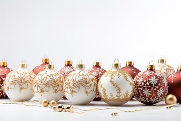 Christmas glass balls of white and red colors standing in a row on a white background