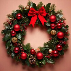 Fototapeta na wymiar Christmas wreath, traditional seasonal holiday decoration, hung on wall or door