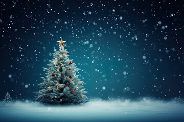 Christmas tree covered in snow in a blizzard on a blue background
