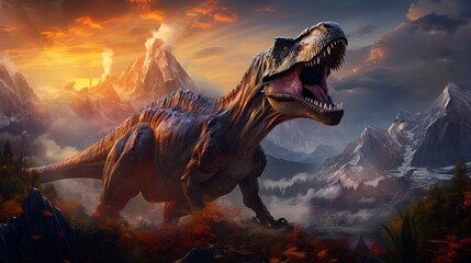 illustration of a big dangerous angry dinosaur in a foggy mountain valley at dawn - obrazy, fototapety, plakaty