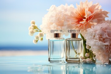 Two glass bottles of perfume surrounded by flowers on a light blurred background