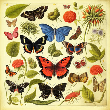 Colorful butterflies, nature composition as in vintage illustration, Victorian style on creamy paper background © acrogame
