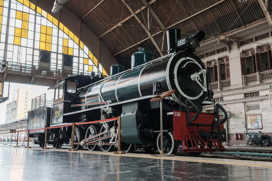 Bangkok, Thailand, Nov 13, 2023: Steam locomotive Consolidation Number 336 created by Swiss Locomotive and Machine Works at Bangkok Railway Station "Hua Lamphong" thai railway landmark history.