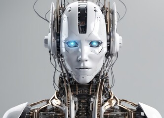 Humanoid robot with exposed circuits and connections in artificial intelligence laboratory, close up