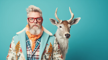 Portrait of a man wearing winter clothes with deer. Pastel colors. Funny Winter, New Year or Christmas concept.