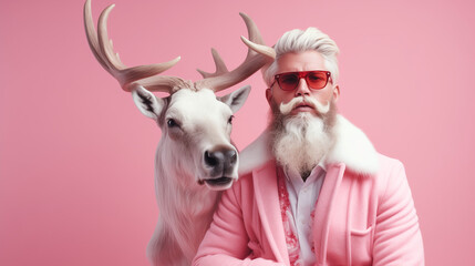 Fashionable portrait of hipster Santa with reindeer wearing winter clothes. Pastel pink winter concept.