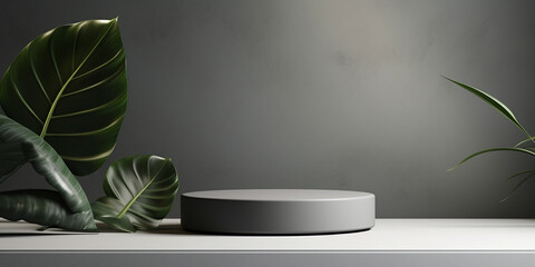 Empty grey podium mockup. Exhibition gallery scene, studio showroom round base or fashion showcase platform realistic vector background