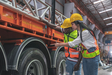 team of female engineers and black male laborers wearing uniforms and hard hats inspect trucks...