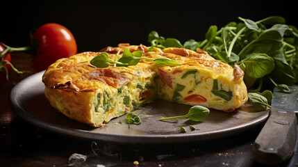 delicious Italian omelette frittata . modern food photography in rustic style . in detail