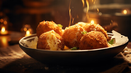 delicious Italian orancini  modern food photography in rustic style . in detail