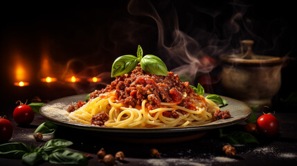 delicious Italian pasta bolognese  . modern food photography in rustic style . in detail