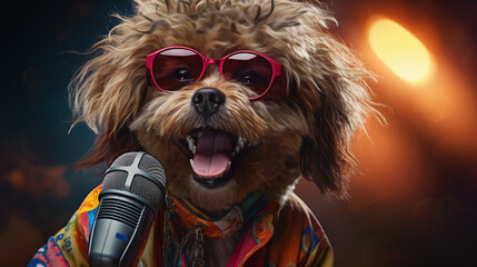 Rockstar dog in sunglasses singing into a microphone at the stage. Banner, poster, wallpaper