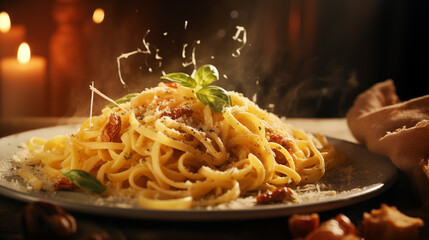 delicious Italian pasta carbonara modern food photography in rustic style . in detail - obrazy, fototapety, plakaty