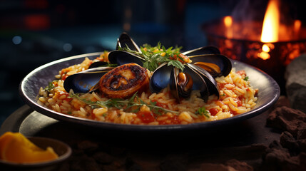 delicious Italian sea food risotto  modern food photography in rustic style . in detail