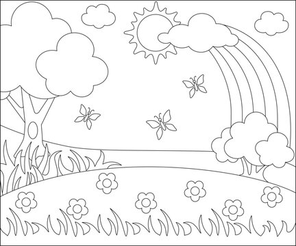 Summer day landscape, blooming meadow with butterflies - vector linear picture for coloring. Outline. Landscape for children's coloring book with tree, bush, rainbow and sun
