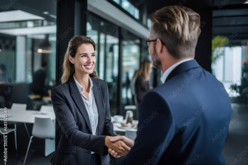 Wall mural happy business woman shaking hands next to meeting of prospective business partner