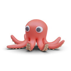 Vector 3D pink octopus in cartoon style. Cute sea creature with tentacles and big eyes. Comic underwater character. Vector template with shadow. Web design