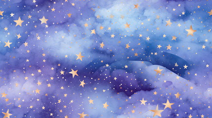 Starry night in pink and purple colors and  golden stars hand drawn watercolor background