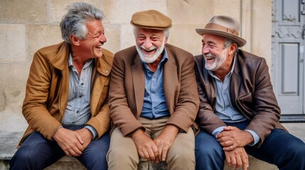 3 senior men are enjoying a conversation - obrazy, fototapety, plakaty