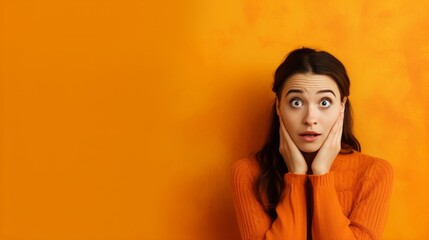 A woman wearing an orange sweater looks surprised