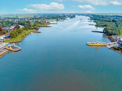 Aerial from ferries on the river Lek near Schoonhoven at the river Lek in the Netherlands