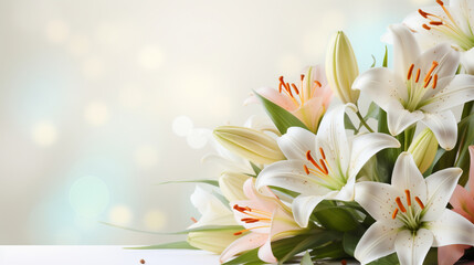 Easter lillies and colorful decorated easter eggs on a light pastel background. AI generative