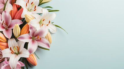 Easter lillies and colorful decorated easter eggs on a light pastel background. AI generative