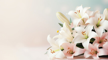 Easter lillies and colorful decorated easter eggs on a light pastel background. AI generative