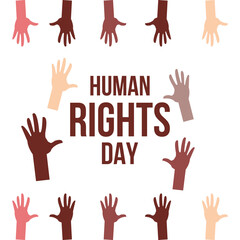 Human right day concept. International peace. Different skin colors hands raised. Equality awareness icon. Freedom symbol. vector illustration.