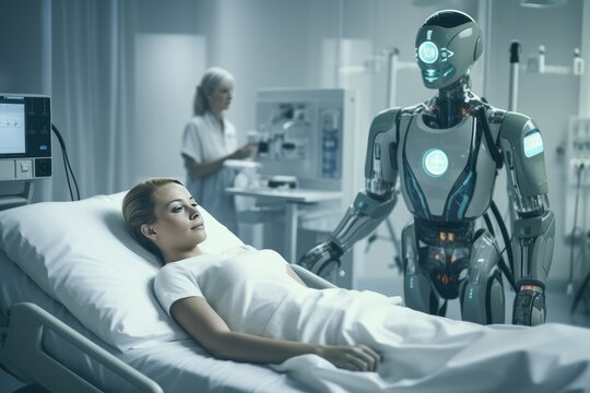 Patient lying in a hospital bed, surrounded by medical robots and equipment
