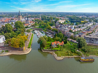 Aerial from the historical city Zuthpen at the river IJssel in the Netherlands