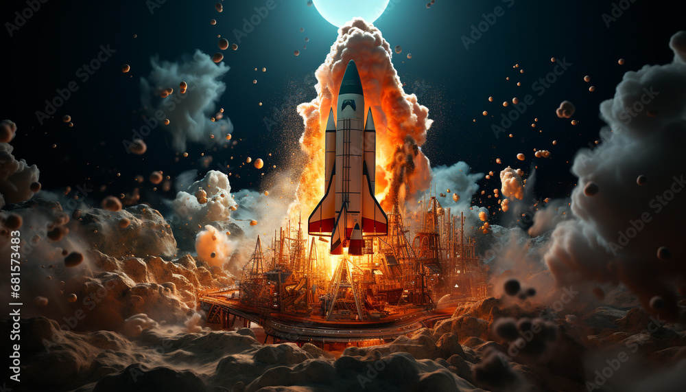 Poster futuristic spaceship rockets through galaxy, exploring the vast unknown generated by ai