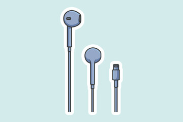 Earphones with Connector Sticker vector illustration. Recreation technology objects icon concept. Wire Headphones pair sticker design icon logo.