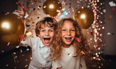 Joyous Countdown, Kids Celebrating New Year's Eve - Excitement, Laughter, and Festive Cheer - obrazy, fototapety, plakaty