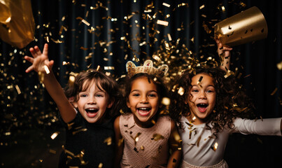 Joyous Countdown, Kids Celebrating New Year's Eve - Excitement, Laughter, and Festive Cheer - obrazy, fototapety, plakaty