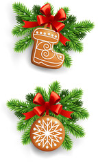 Traditional Christmas decorations with gingerbread cookies isolated on white - 681573640