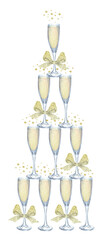 Champagne. Champagne Glass. Watercolor Champagne. Glass Pyramid