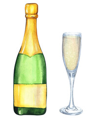 Champagne. Champagne Bottle. Champagne Glass. Watercolor Champagne	