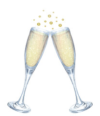 Cheers. Champagne.  Champagne Glass. Watercolor Champagne		