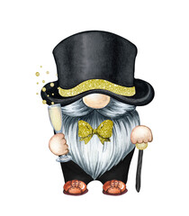 Champagne Gnome. Champagne Bottle. Champagne Glass. Watercolor Champagne Watercolor Gnome	