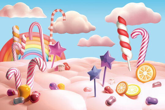 Candy illustration. A colorful fantasy candy landscape with lots of striped candies, marmalade and large lollipops on a stick in clouds of cotton candy. 3d background