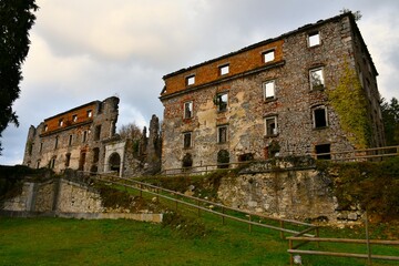 Fototapeta na wymiar Ruins of Haasberg castle near Planina in Notranjska, Slovenia on a cloudy day