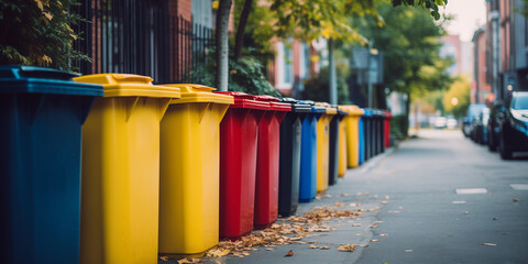  A row of garbage cans for sorting garbage in red yellow green and blue colors against the backdrop of a blurred park