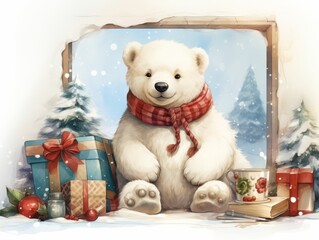 Christmas small white bear with Christmas gift box childrens book illustration, Winter holidays book illustration theme. For banners, posters, advertising. AI generated