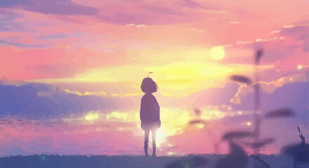 anime girl watching the sunset in the river.jpg © Animeartaesthetic