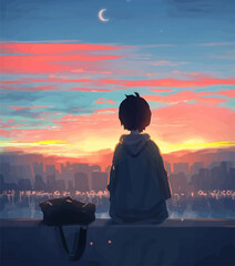 sad anime boy sitting alone at evening
