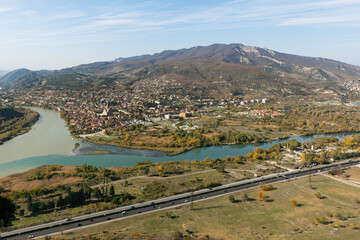panoramic view of mountains and the confluence of the two rivers Kura and Aragvi © Anna