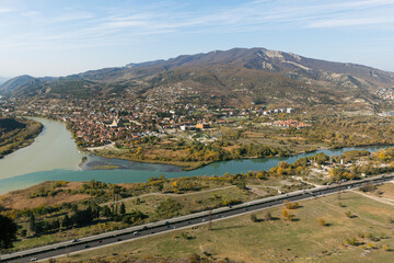 panoramic view of mountains and the confluence of the two rivers Kura and Aragvi